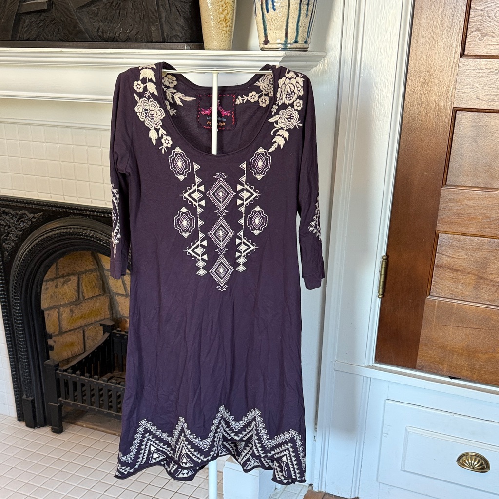 Johnny Was Deep Purple Dress With Cream Embroidery- Worn About 5x . 365 Retail